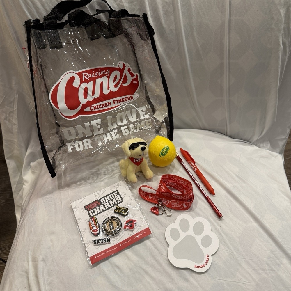Raising Cane's Chicken Fingers Promo Lot Tote Plush Dog Lanyard Shoe Charms Swag